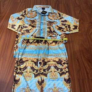 👑Kids Designer Baroque Print Pajama Lounge Set in Blue and Gold NWT👑